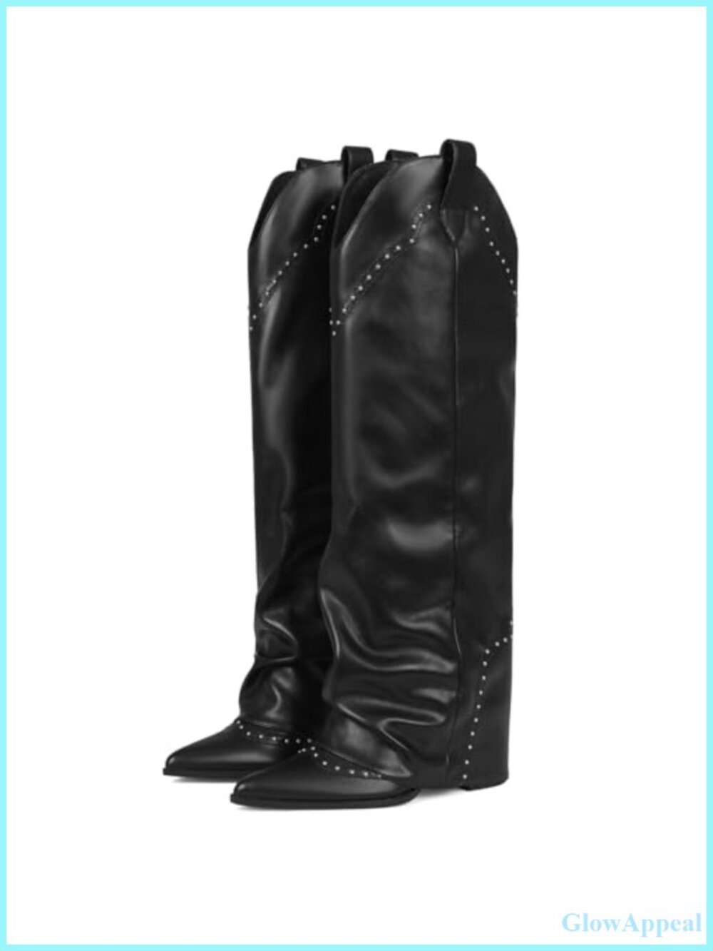 Women's Knee High Cowboy Boots Fold Over Shark Block Heel Snip Toe Vegan Leather